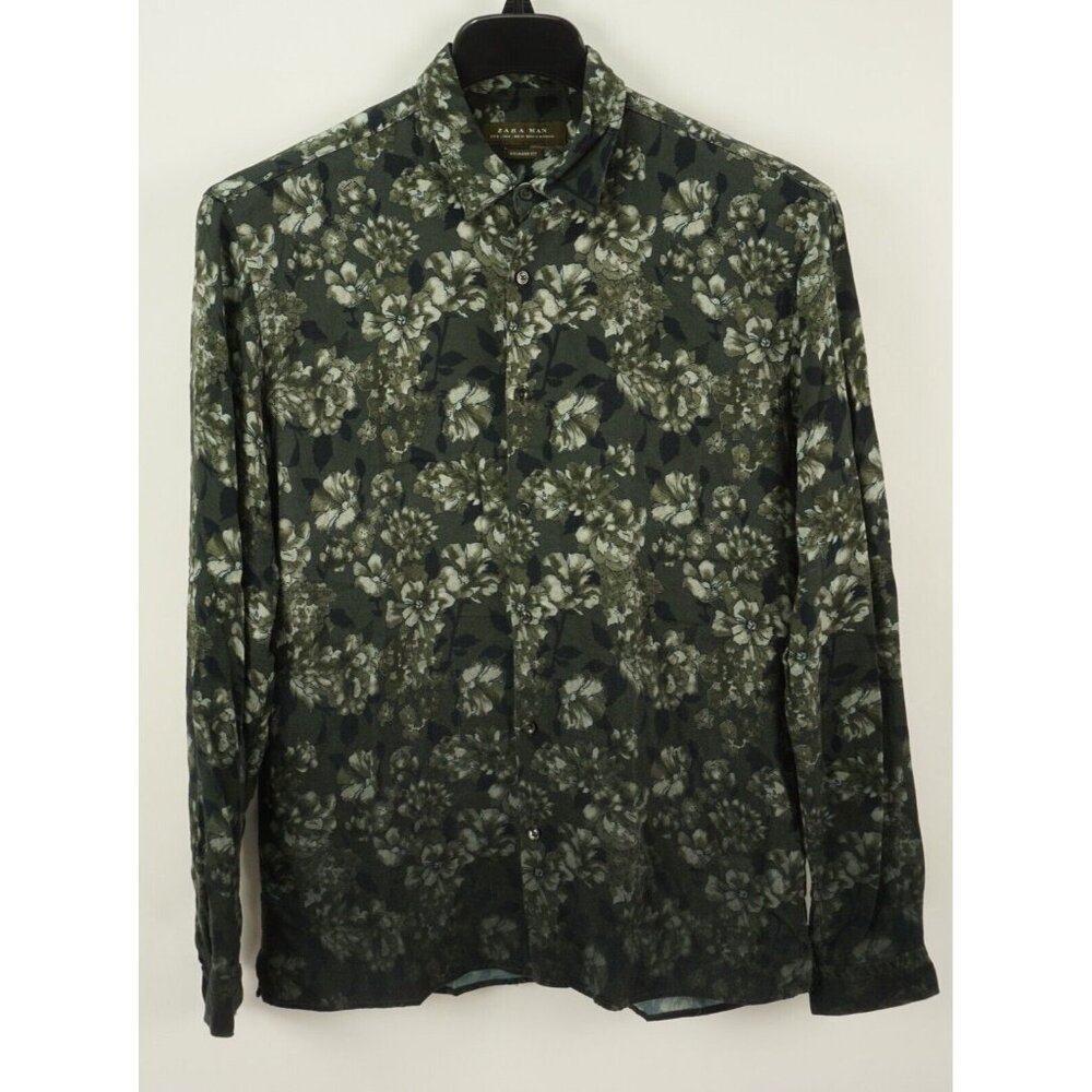 Zara Men's Medium Long Sleeve Black Green Ombre Floral Satin Button Up Shirt